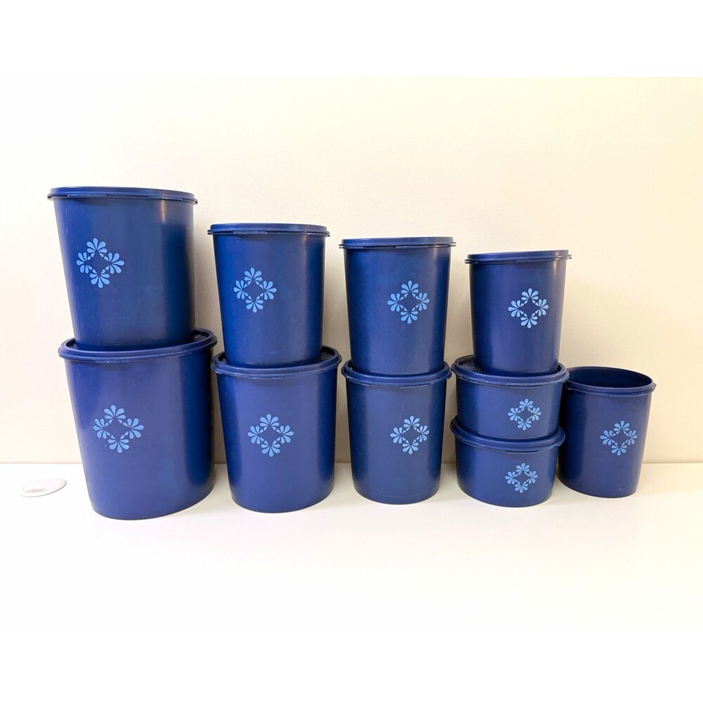Tupperware Vintage Blue Floral Round Plastic Snap Lid Set 10pc READ